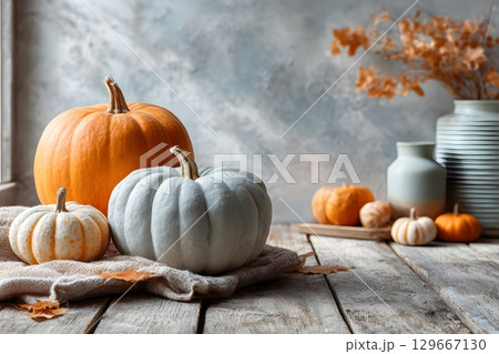 Beautiful Halloween pumpkins and cozy autumn decorations are arranged on a rustic wooden table, creating a warm festive display for the holiday season. 129667130