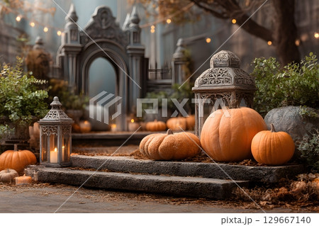 Rustic lanterns glow with candles, illuminating an inviting Halloween pumpkin display on old stone steps in an autumn garden scene. Rustic lanterns glow with candles, illuminating an inviting Halloween pumpkin display on old stone steps in an autumn garden scene. 129667140