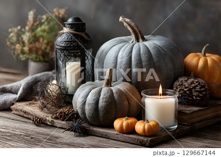 Gray and orange pumpkins with lit candles and a decorative lantern create a cozy Halloween scene on a rustic wooden table. Gray and orange pumpkins with lit candles and a decorative lantern create a cozy Halloween scene on a rustic wooden table. 129667144