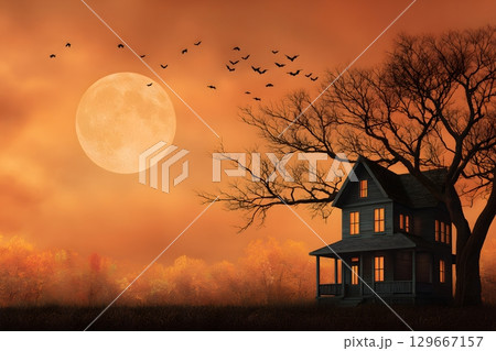 A haunted Halloween house stands next to a spooky bare tree under a large orange moon with flying bats in the autumn sky. A haunted Halloween house stands next to a spooky bare tree under a large orange moon with flying bats in the autumn sky. 129667157