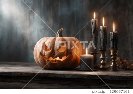 A glowing jack o lantern sits on a dark wooden surface with burning black candles, creating a spooky atmosphere for the Halloween celebration. 129667161