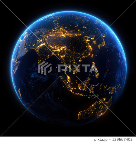 aerial view earth night continents oceans 129667402