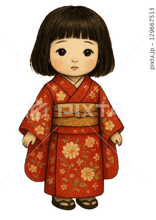 赤い着物を着たかわいい和風の女の子の人物イラスト 129667513