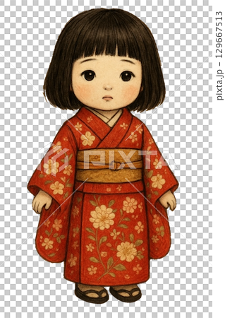 赤い着物を着たかわいい和風の女の子の人物イラスト 129667513