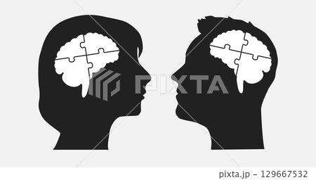 Head woman and man made puzzle pieces, brain, idea 129667532