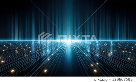 Abstract blue vertical and horizontal glowing lines with bright lights extending toward a radiant horizon in dark space 129667599
