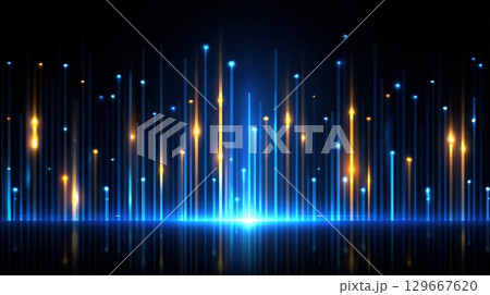 Abstract background with glowing vertical blue and orange light beams rising from a bright horizon on a dark backdrop Abstract background with glowing vertical blue and orange light beams rising from a bright horizon on a dark backdrop 129667620