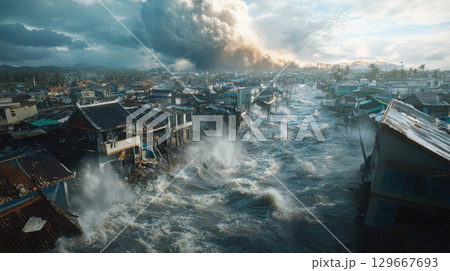 aerial view devastation disaster town waves 129667693