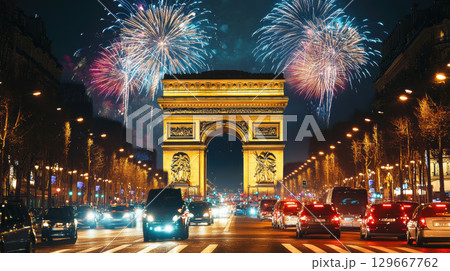 paris nighttime cityscape triomphe foreground arc 129667762