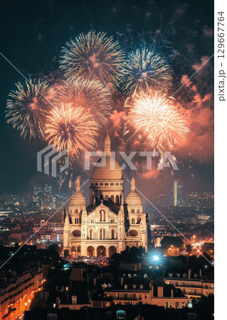 paris nighttime cityscape heart sky fireworks 129667764