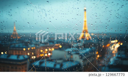 paris raindrops window cityscape background city 129667770