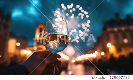 paris hand wine glass cityscape twilight 129667786