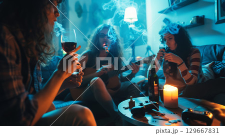 A group of young people smoke cannabis together with smoke in a indoor party 129667831