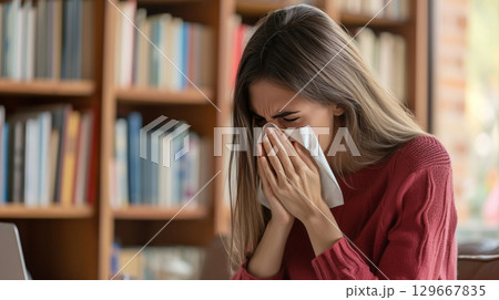 A female sneeze with tissue due to allergy reaction A female sneeze with tissue due to allergy reaction 129667835
