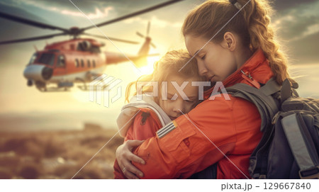 A female rescue personnel hold a little girl in arms in wild field in rescue mission with helicopter 129667840