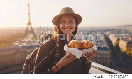 paris woman city sunset backpack balcony 129667882