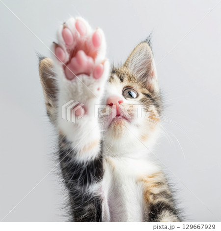 Closeup view of little paw of a cute cat 129667929