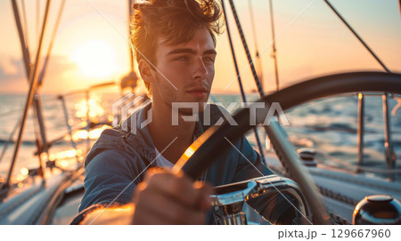 A ship captain is navigating a ship in sea. 129667960