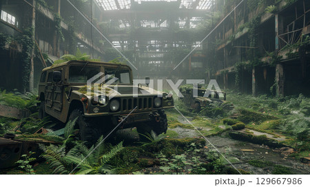 Abandoned military base debris with green plants growing. Post apocalypse scene. Abandoned military base debris with green plants growing. Post apocalypse scene. 129667986