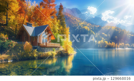 Vacation house with scenic view in Fall with colorful foliage by lake 129668016