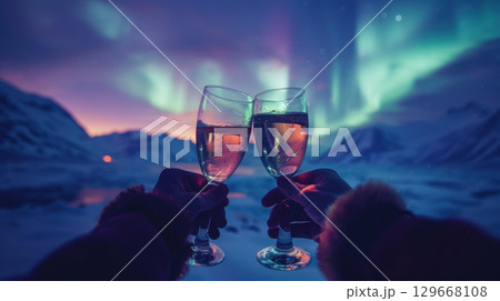 hands glasses landscape twilight way toast 129668108