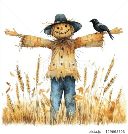 watercolor scarecrow wheat field bird arm 129668308