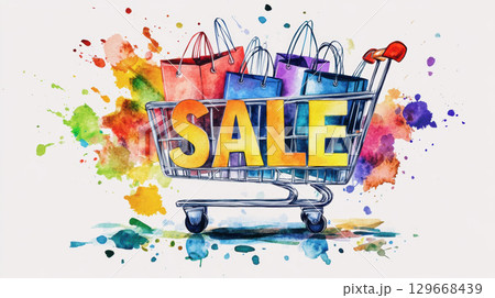 watercolor illustration cart bags word sale 129668439