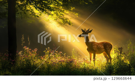 portrayal deer forest hour sunlight trees portrayal deer forest hour sunlight trees 129668644