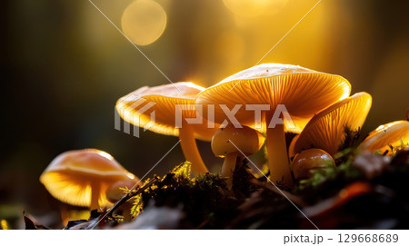 group mushrooms forest hour scene closeup group mushrooms forest hour scene closeup 129668689