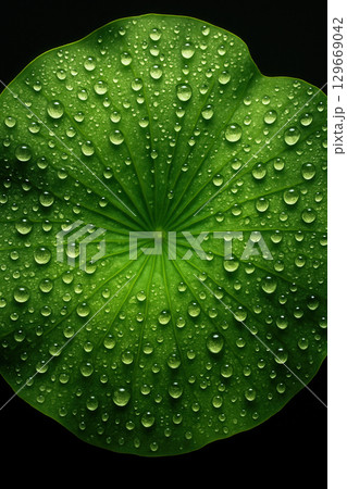 Lotus Leaf Covered in Dewdrops on Black Background Lotus Leaf Covered in Dewdrops on Black Background 129669042