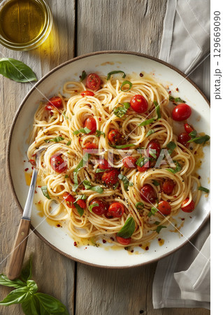 Rustic spaghetti with cherry tomatoes, basil, and olive oil 129669090