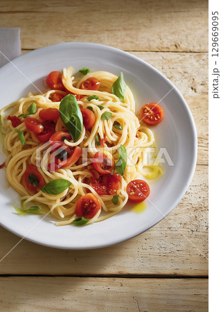 Italian spaghetti with cherry tomatoes and basil leaves Italian spaghetti with cherry tomatoes and basil leaves 129669095
