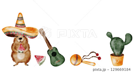 Capybara cartoon watercolor seamless border. A funny animal in a Mexican sombrero hat with a guitar. Cute water pig with watermelon pieces hand drawing on isolated white background. Clip art of a 129669184
