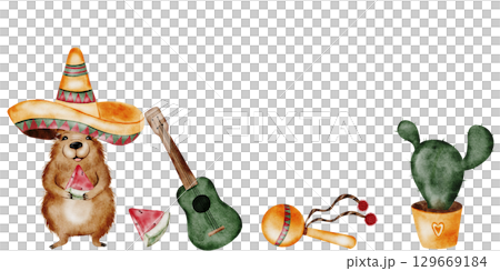 Capybara cartoon watercolor seamless border. A funny animal in a Mexican sombrero hat with a guitar. Cute water pig with watermelon pieces hand drawing on isolated white background. Clip art of a 129669184