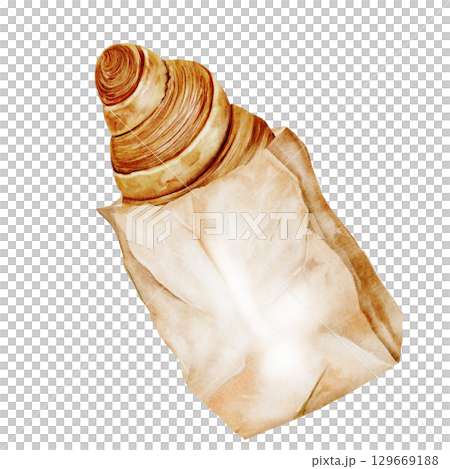 Croissant watercolor illustration. Hand drawn fresh french bun. Food clip art. Ideal for bakery prints, postcards and pastry shop posters. Croissant watercolor illustration. Hand drawn fresh french bun. Food clip art. Ideal for bakery prints, postcards and pastry shop posters. 129669188