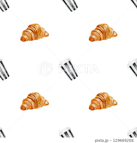 Coffee and croissant watercolor seamless pattern. Hand drawn fresh french bun with with hot cappuccino. Food clip art. Ideal for bakery prints, postcards and wrapping paper 129669208