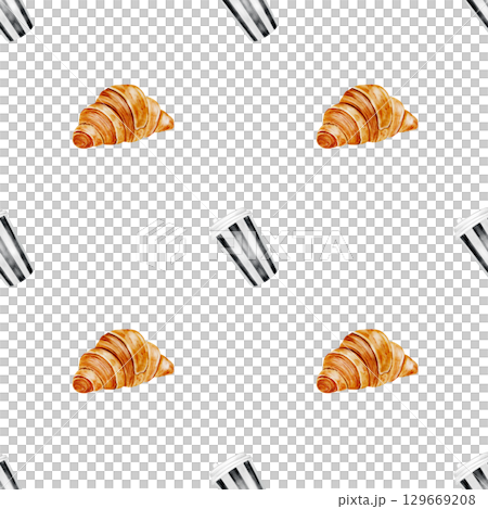 Coffee and croissant watercolor seamless pattern. Hand drawn fresh french bun with with hot cappuccino. Food clip art. Ideal for bakery prints, postcards and wrapping paper 129669208