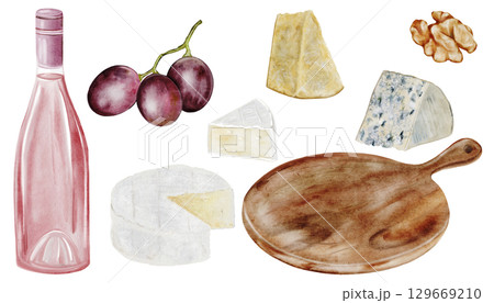 Watercolor clipart set with wine, grapes, cheese, walnut. Ideal for menu design, wine tasting invitations, packaging, branding, restaurant or picnic-themed projects. 129669210
