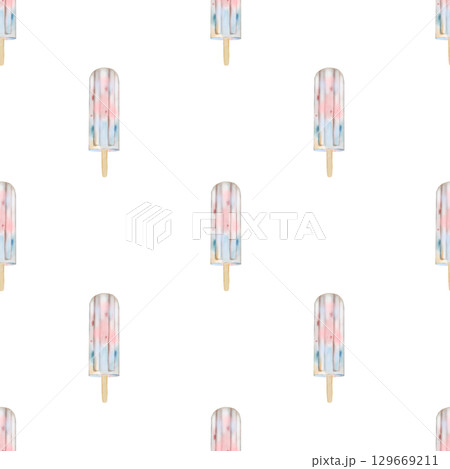 Ice cream watercolor seamless pattern. Hand drawn milk dessert with berries on white background. Yoghurt ice cream clip art. Ideal for shop window design, stickers and shop menu 129669211