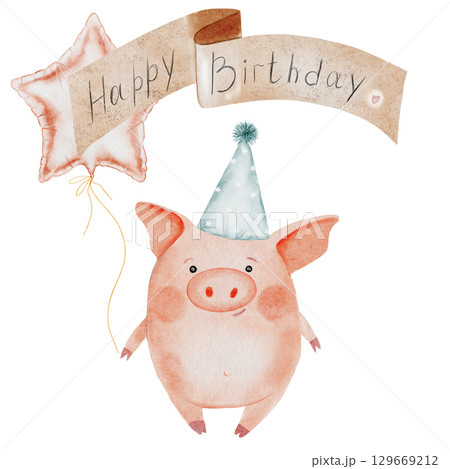 Little cute pig with the inscription happy birthday watercolor drawing. Hand drawn illustration of piglet in a party hat on white background. Clip art of cute farm animal character. Ideal for stickers 129669212