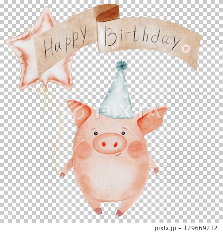 Little cute pig with the inscription happy birthday watercolor drawing. Hand drawn illustration of piglet in a party hat on white background. Clip art of cute farm animal character. Ideal for stickers 129669212