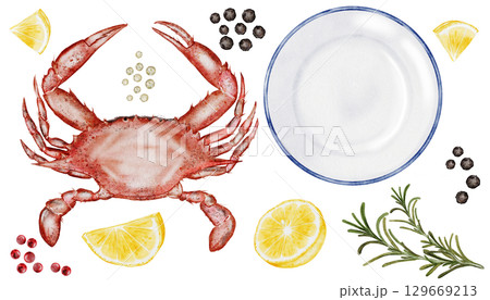 Crab watercolor set. Hand drawn sea animal, plate, lemon and spices on isolated white background. Clip art sea food. Ideal for restaurant menus, packaging, cards and logo of organic ocean product 129669213