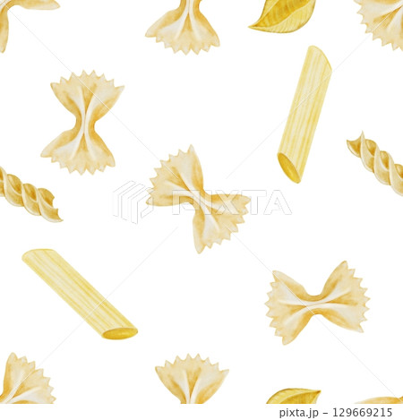 Different types of pasta seamless watercolor pattern. Hand drawn italian macaroni on white background. Food clip art. Ideal for pasta packaging, restaurant menus and posters 129669215