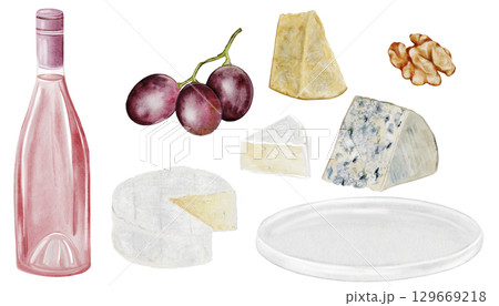 Hand-painted watercolor clipart set with wine, grapes, cheese, walnut. Ideal for menu design, wine tasting invitations, packaging, branding, restaurant or picnic-themed projects. 129669218