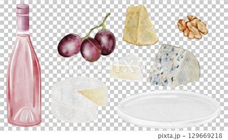 Hand-painted watercolor clipart set with wine, grapes, cheese, walnut. Ideal for menu design, wine tasting invitations, packaging, branding, restaurant or picnic-themed projects. 129669218