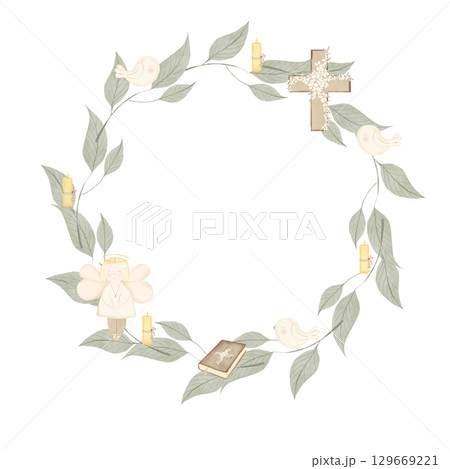 Watercolor Bible candle wreath with birds and angel branches. Watercolor wreath with cute bible and candle designs. For designing cards and invitations for baby's christening 129669221