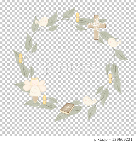 Watercolor Bible candle wreath with birds and angel branches. Watercolor wreath with cute bible and candle designs. For designing cards and invitations for baby's christening 129669221