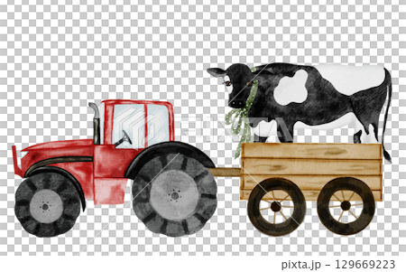 Farm animal and tractor with a cart. Hand drawn red tractor with a cow on isolated white background. Country style clip art. Ideal for educational cards and posters 129669223