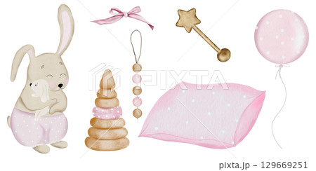 Baby set watercolor. Hand-drawn mother bunny and baby with accessories, rattle, pillow bow. Clip art children. Ideal for stickers and printing on children's educational cards 129669251