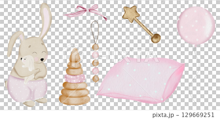 Baby set watercolor. Hand-drawn mother bunny and baby with accessories, rattle, pillow bow. Clip art children. Ideal for stickers and printing on children's educational cards 129669251